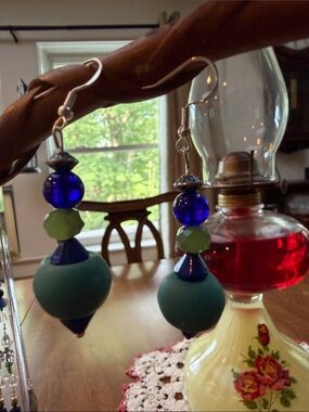 Teal, Cobalt & Lime Beaded Drop Earrings - Vibrant Handmade Style